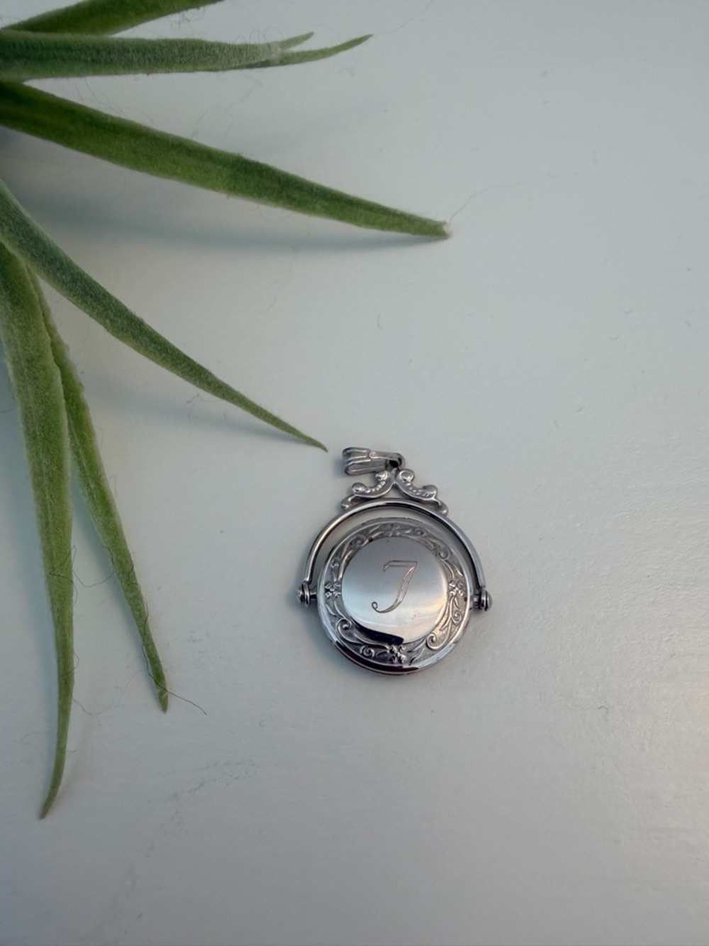 Vintage Silver Engraved Locket Pendant with 'J' Monogram
